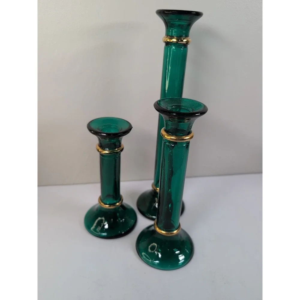 Pier One Set Of Green Glass Candlestick Holders /‎ Bud Vases